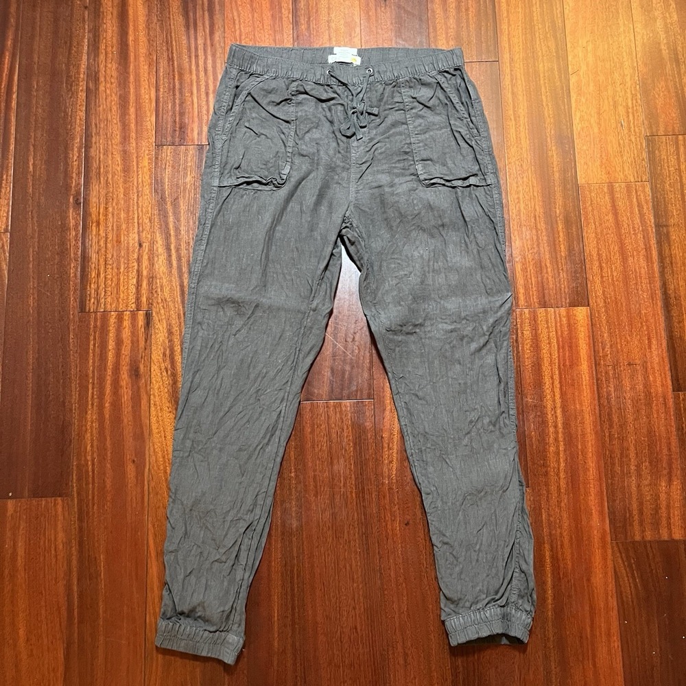 C&C California Womens Pants Large Gray Drawstring 100% Linen Casual Pockets